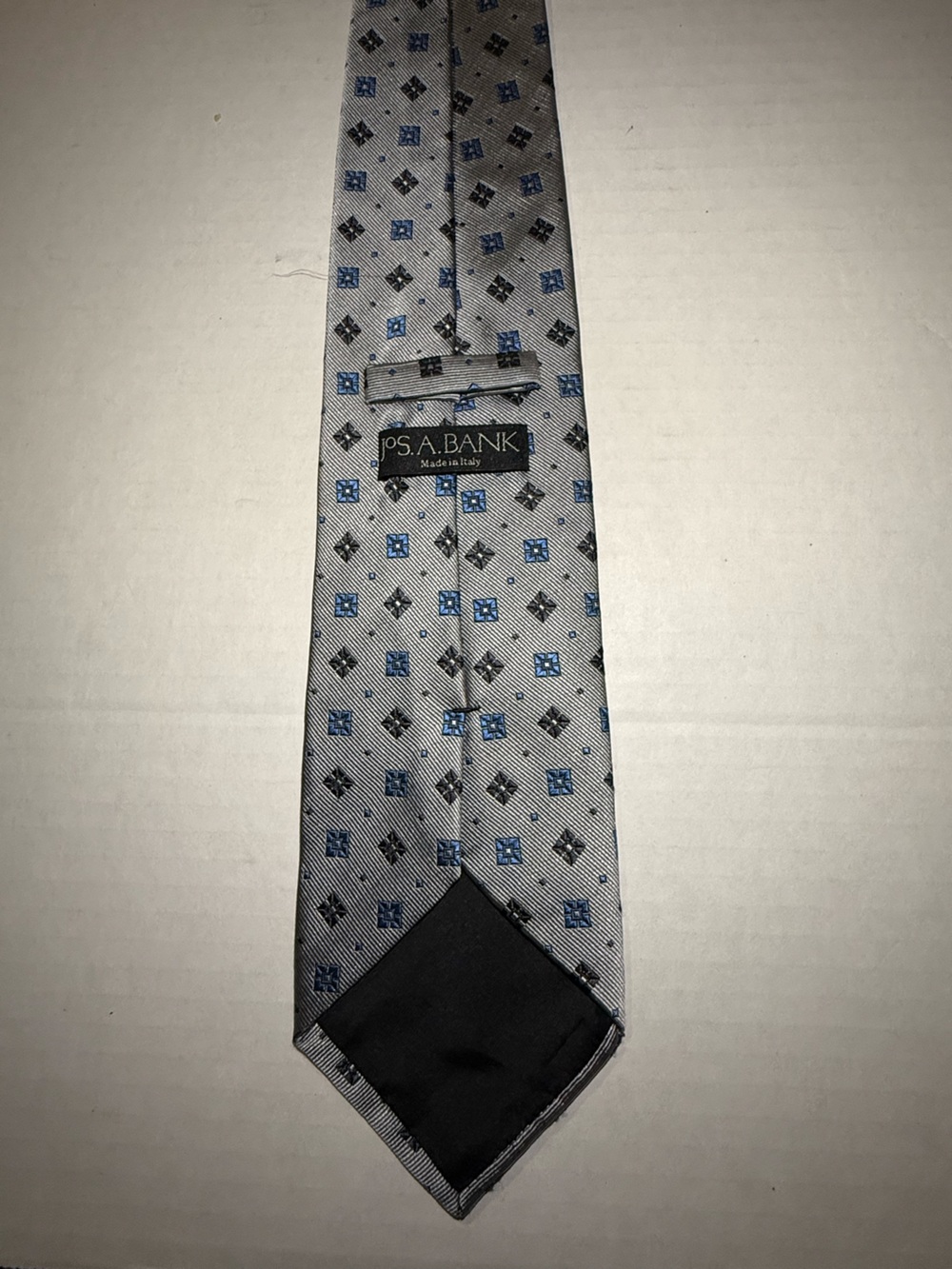 Jos. A. Bank Silver Tie with Blue and Black Motif made in Italy 100% silk